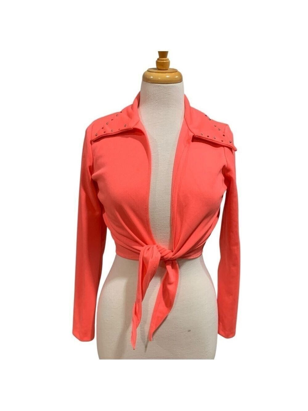 Vntg 70’s hot pink bedazzled dagger collared long sleeved tie front crop top
